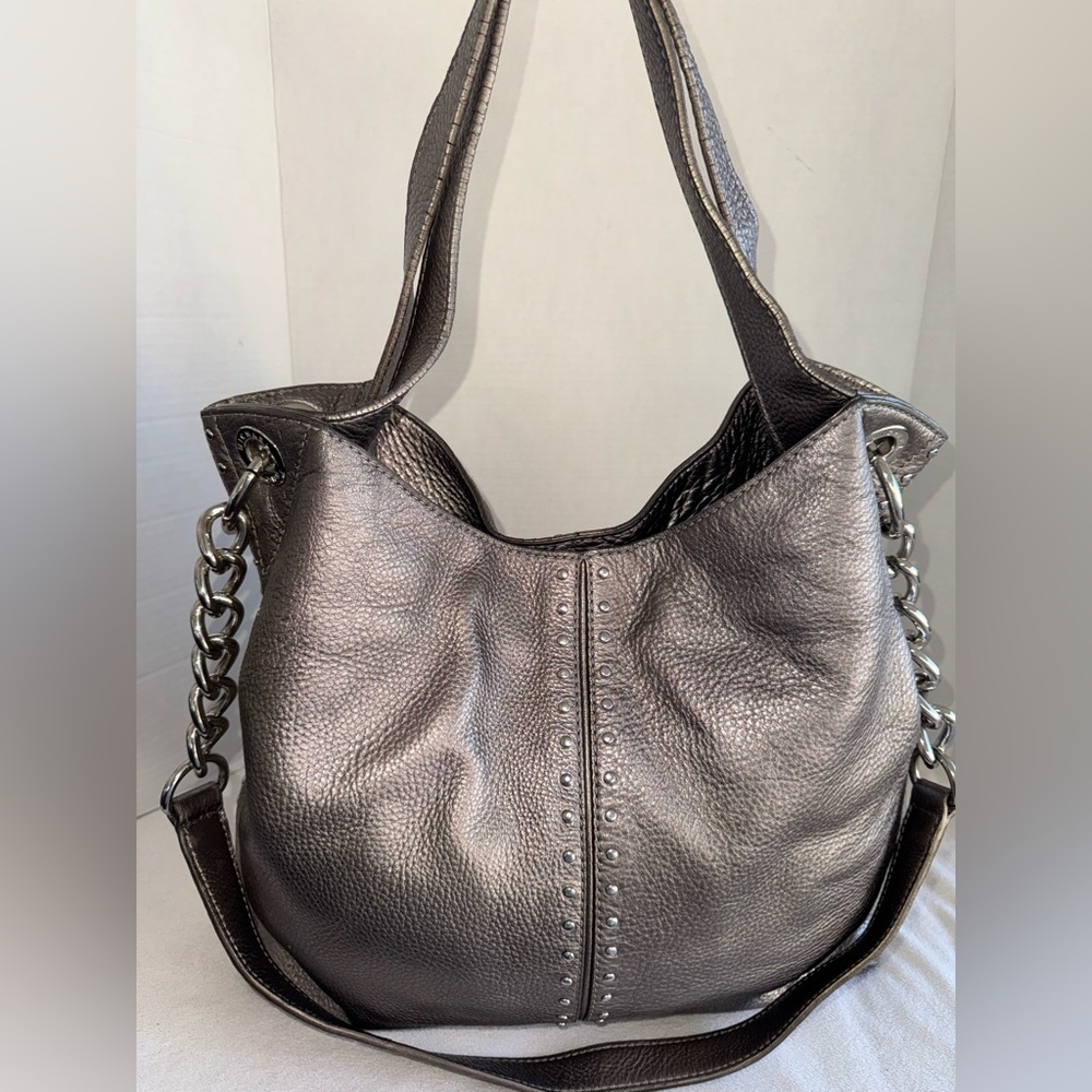 Michael Kors Metallic Gray Leather Studded Chain Strap Satchel Shoulder Bag